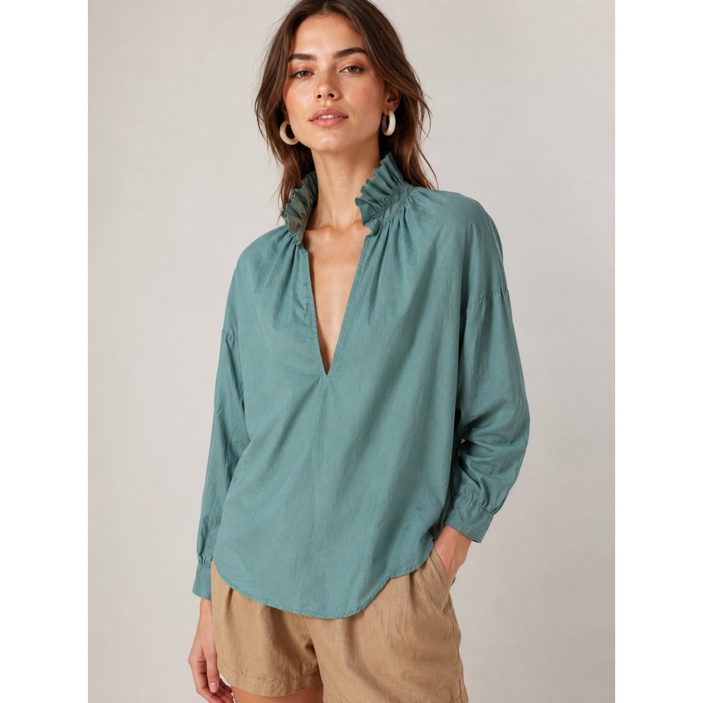 A Shirt Thing Penelope Top Pine Green Ruffle Neck Cotton Blouse Womens Small